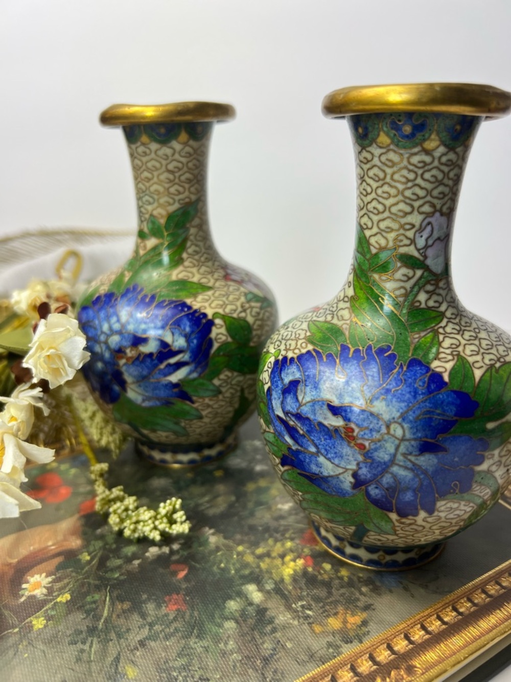 Vintage Cloisonné Floral Vases Pair in Blue, Cream & Green